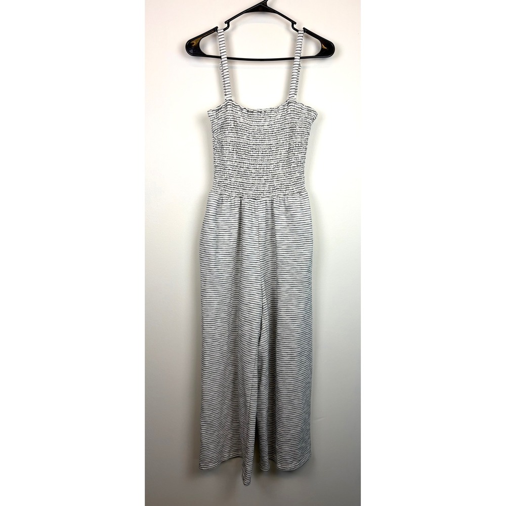Old Navy Jumpsuit Small White‎ Black Striped Smocked Wide Leg Pockets Romper